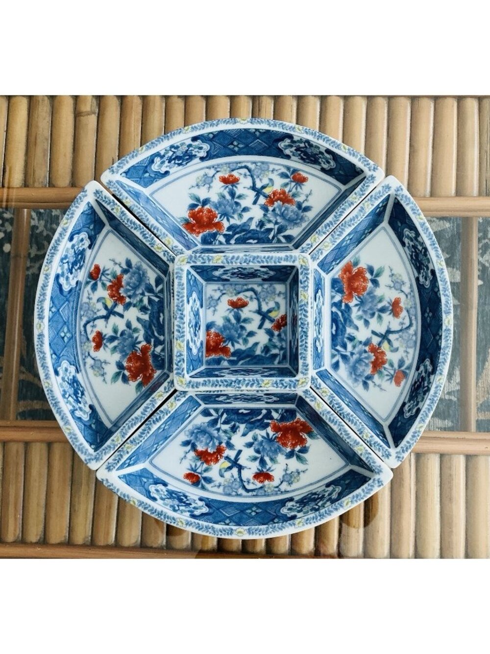 Chinoiserie Blue & White 5 Section Lazy Susan Serving Carousel Imari Porcelain